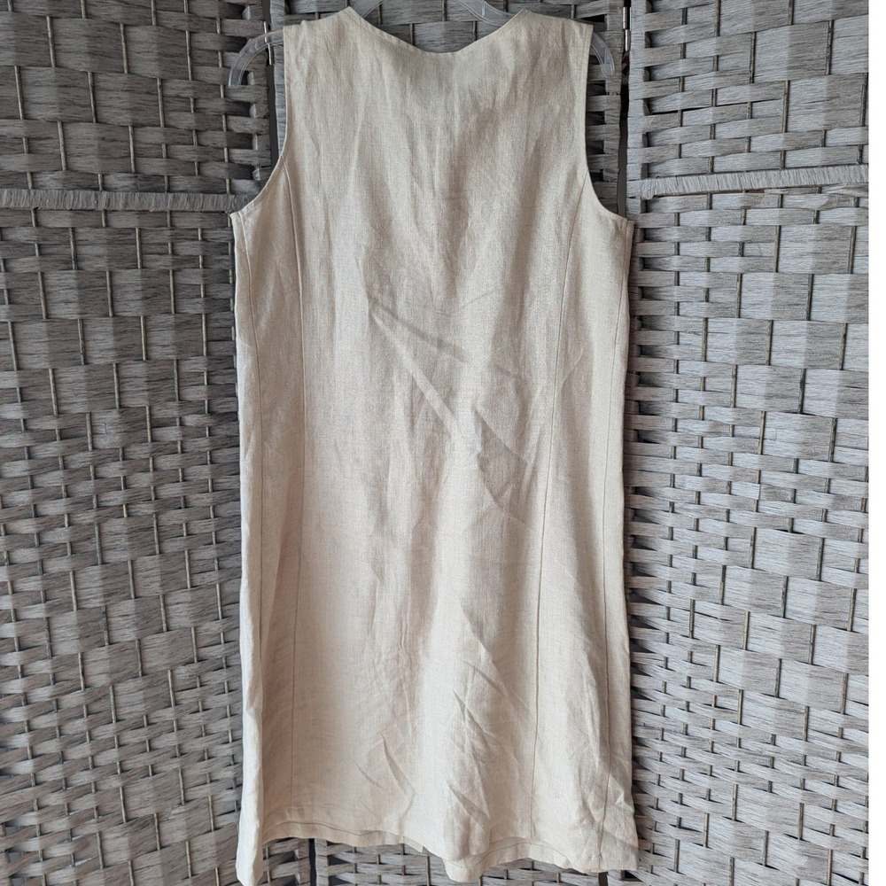 LL Bean Shift Dress Beige Pintuck Button Front Linen Sz 12 Lagenlook Minimalist - Picture 3 of 7